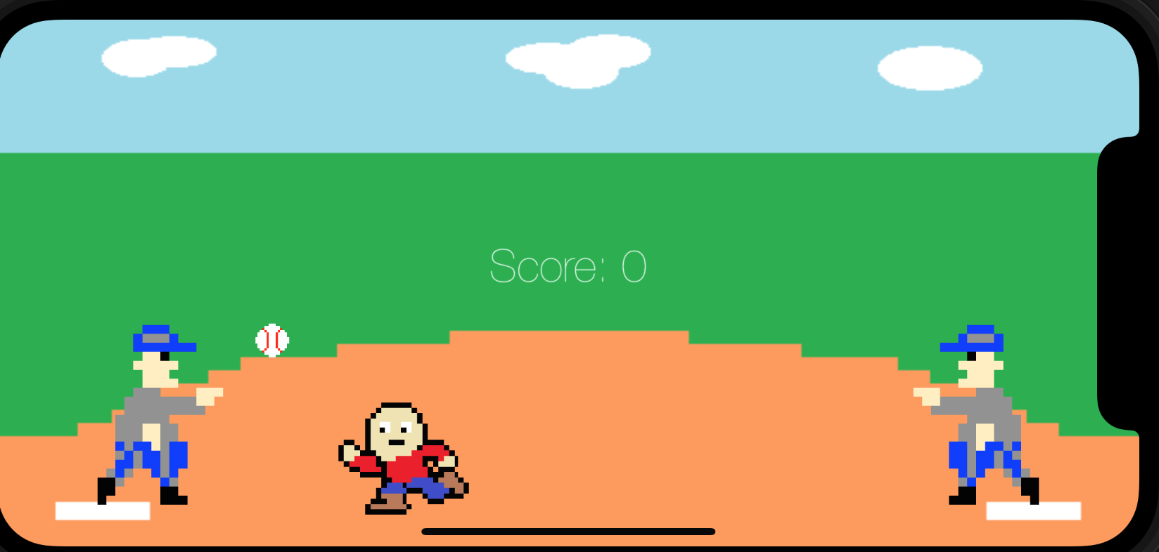 8 bit cartoon man running between two baseball players