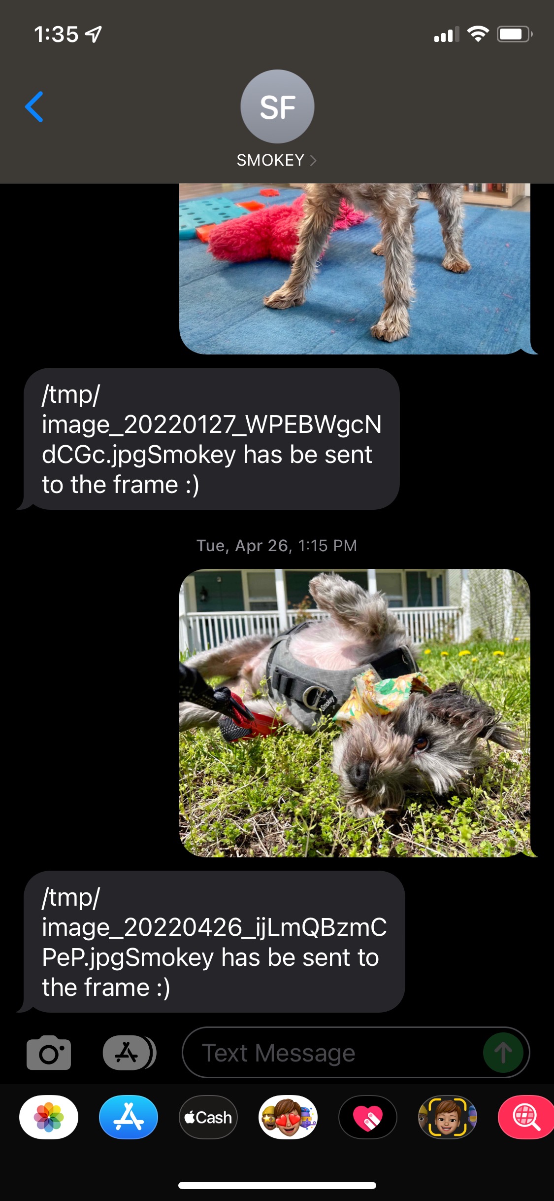 screenshot of SMS upload to the smokey frame